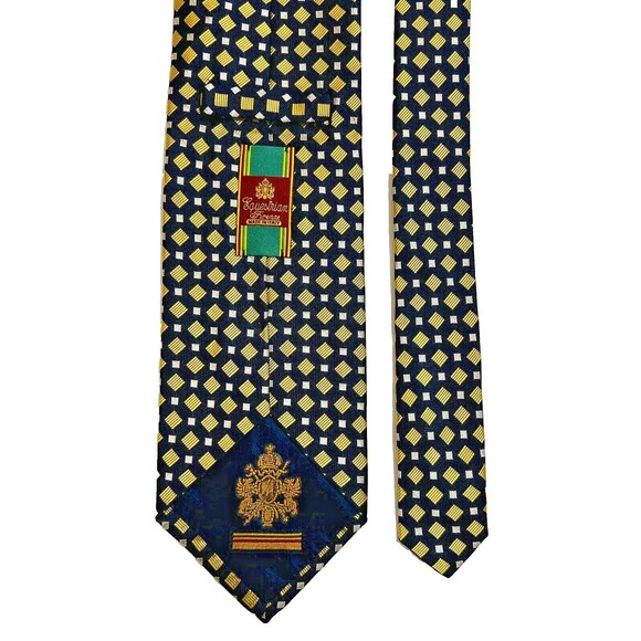 Equestrian Firenre Necktie Tie 100% Silk Made in Italy Texture Navy Yellow White - Picture 6 of 8